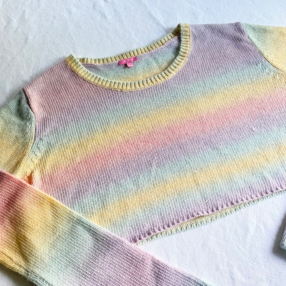 Sugar Thrills Pastel Ombre Cotton Candy Cropped Sweater – Extra Long Sleeves